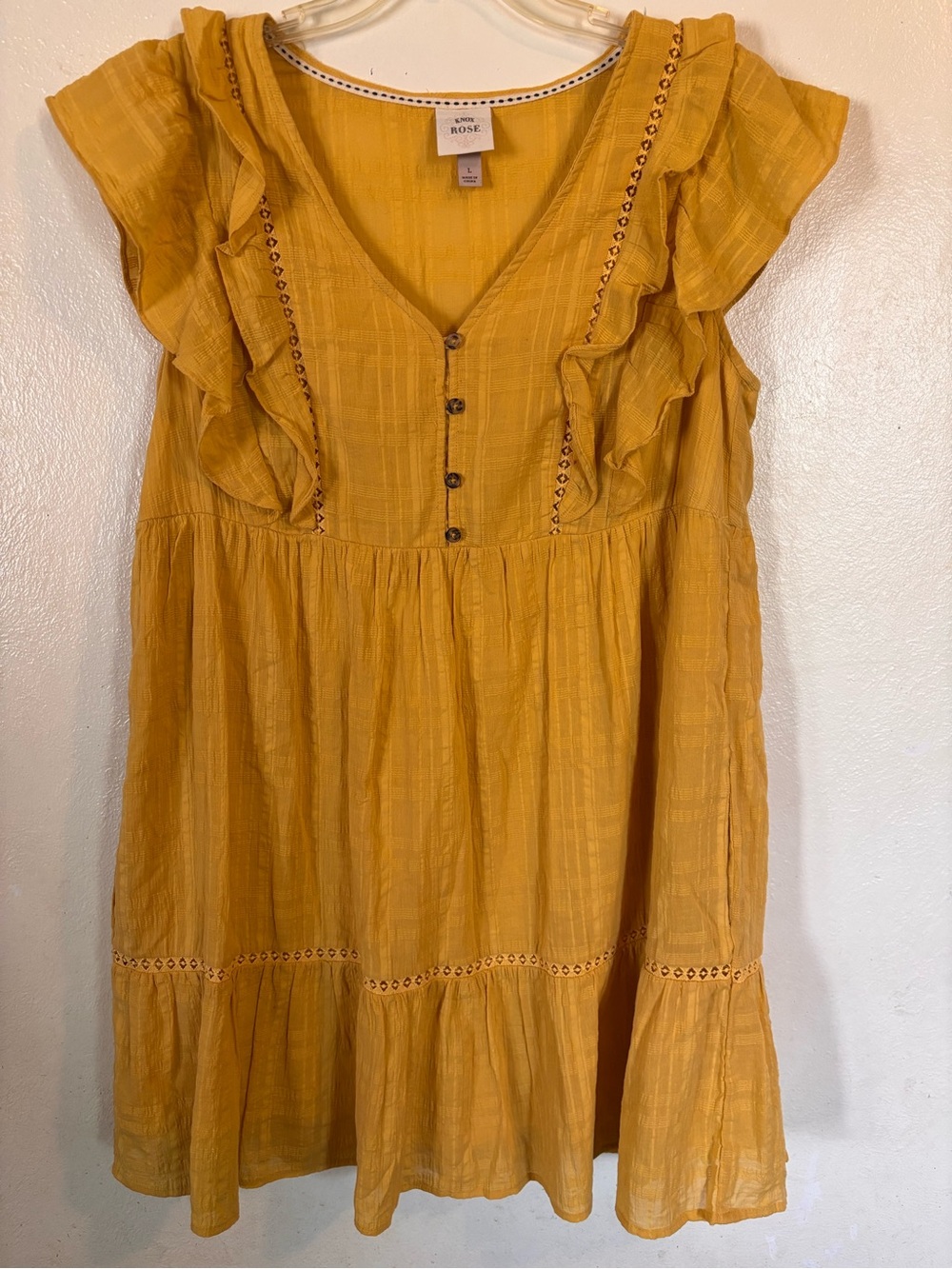 Mustard Yellow Ruffle-Sleeve Cotton Dress Sz L